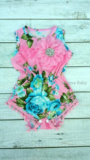 Pink Floral Pom Pom Romper